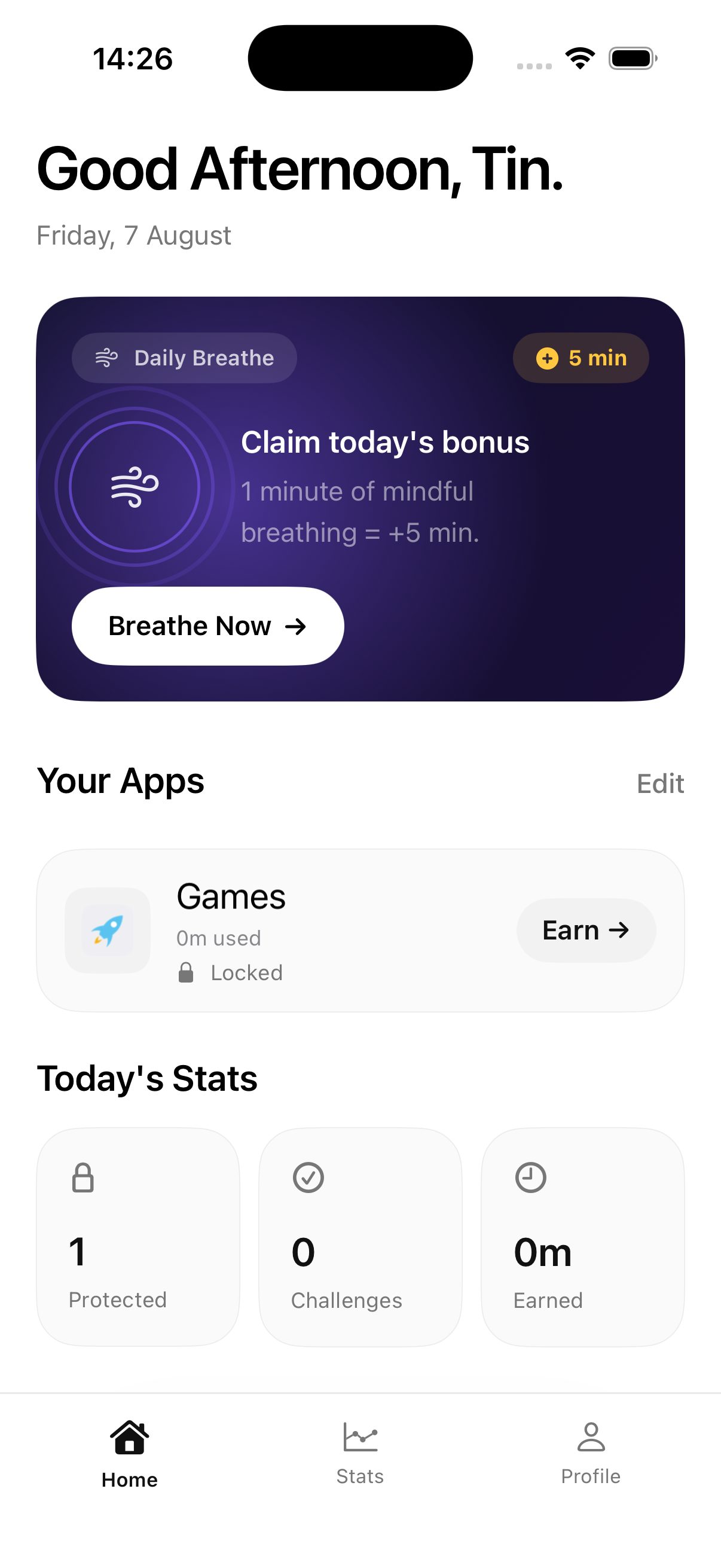 Home screen with the daily breathing bonus and a locked app waiting to be earned back