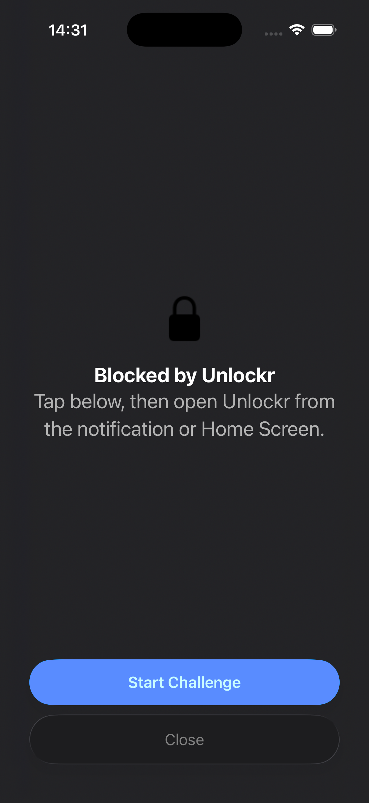 The shield that appears when opening a locked app, with a single button to start a challenge