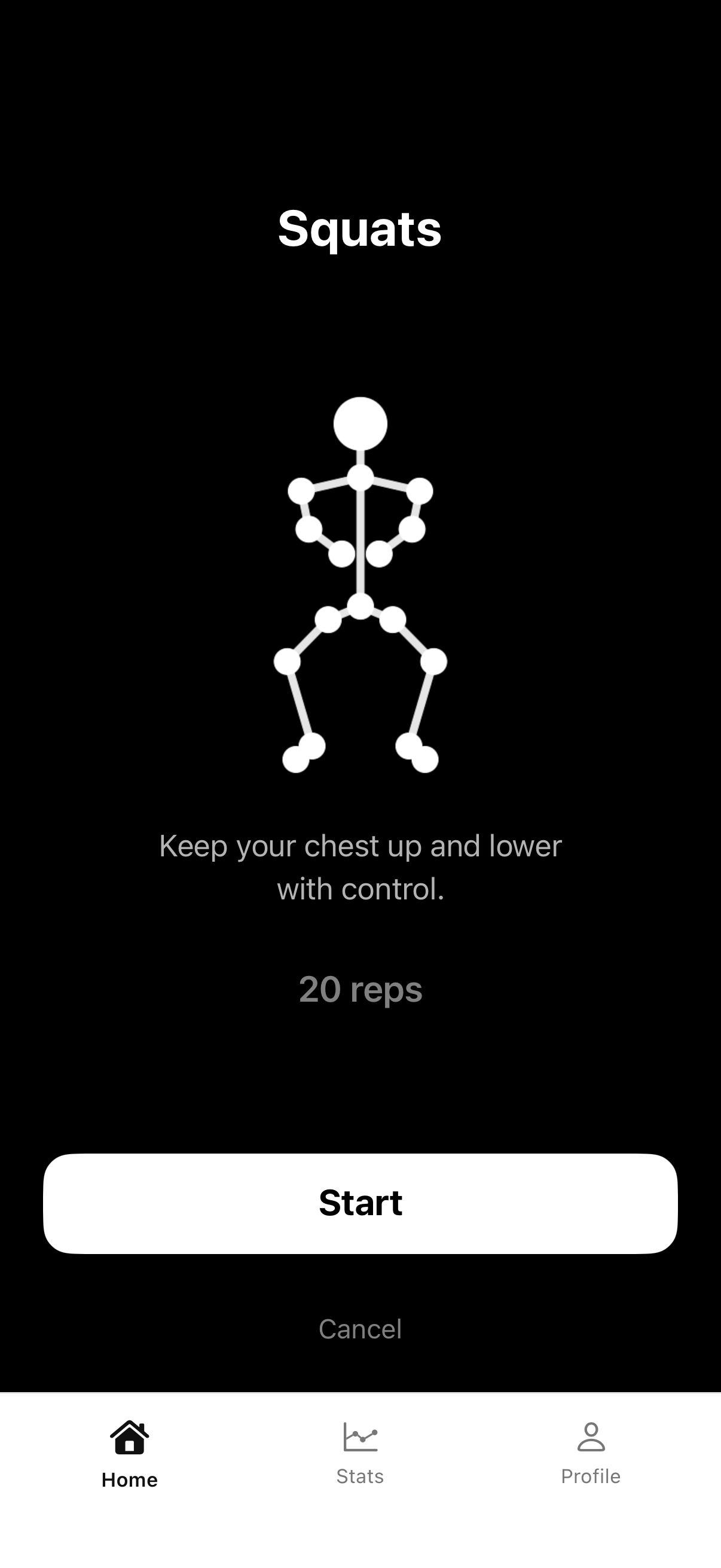 A squats challenge with a live skeleton overlay tracking body position
