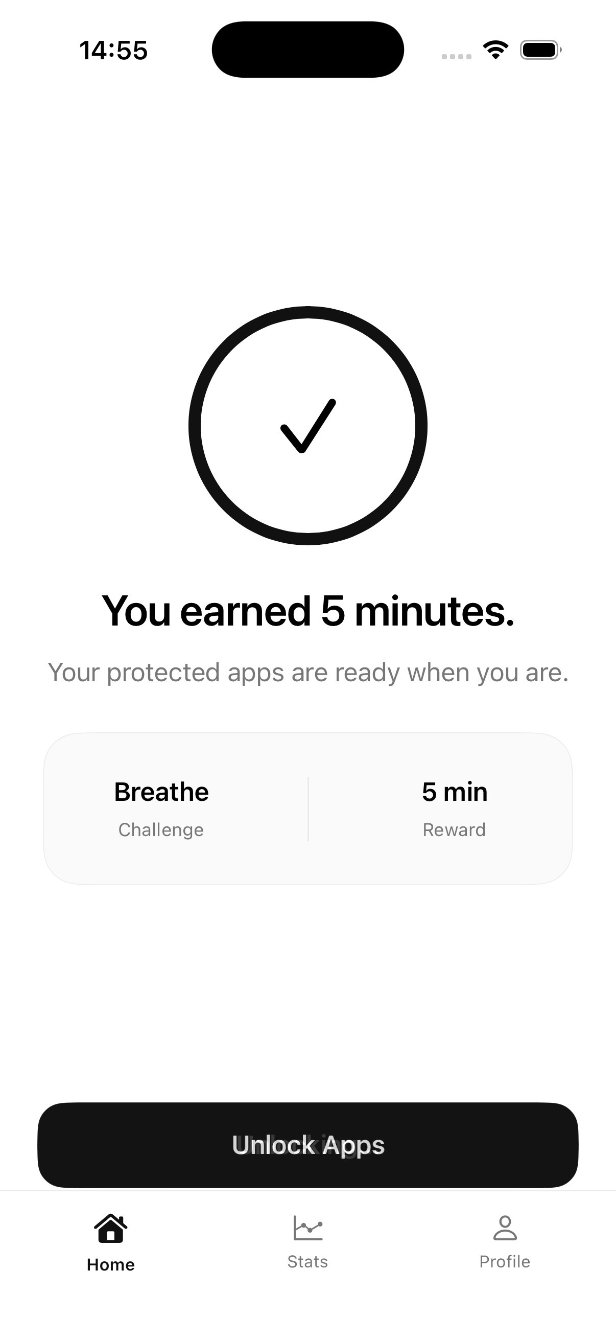 Confirmation screen showing five minutes earned after a breathing challenge
